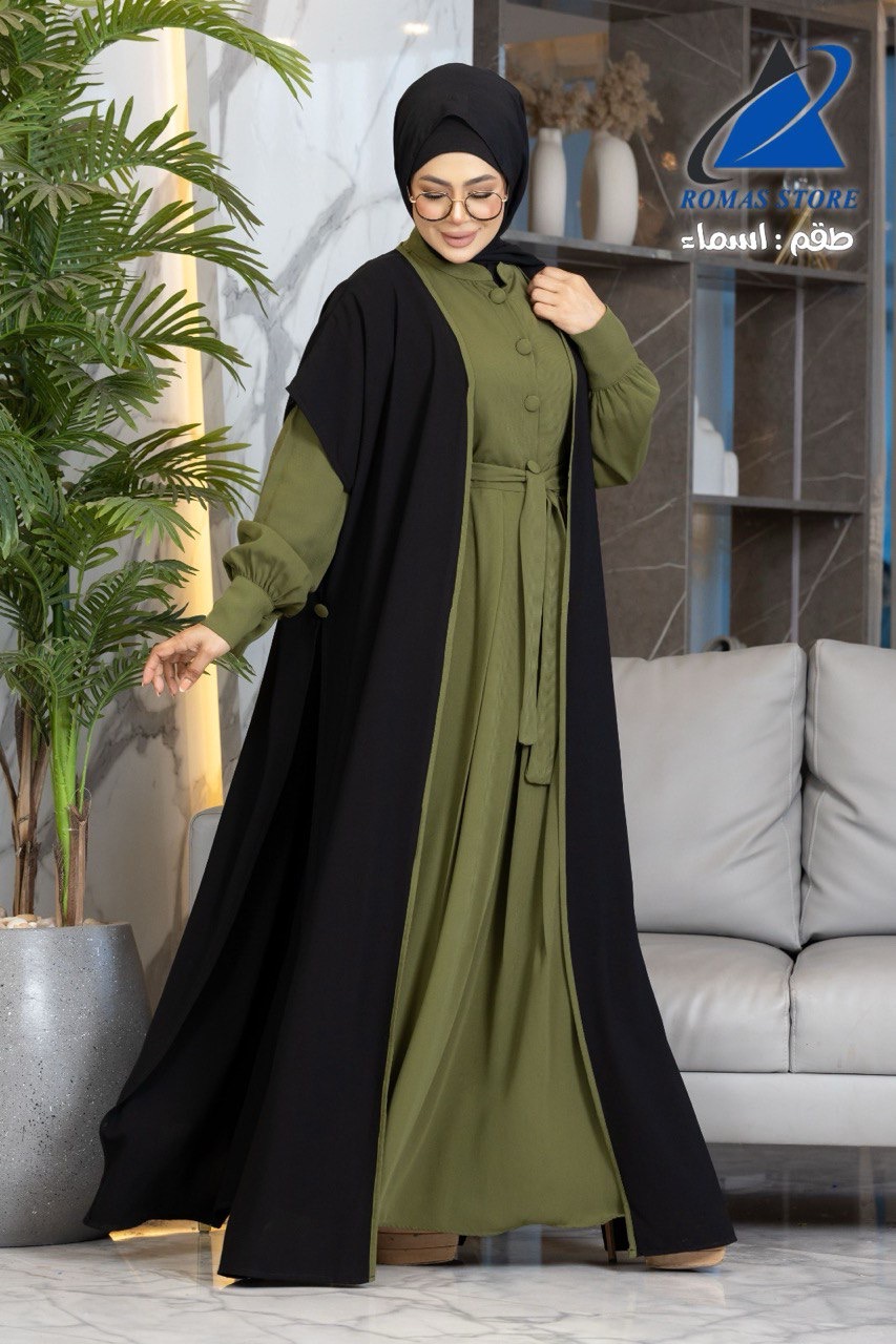 طقم قطعتين عباية وكاردي - XXL, زيتي